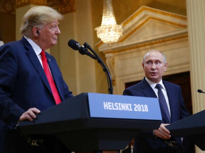 U.S. President Donald Trump and Russian President Vladimir Putin during their joint news conference at the Presidential Palace in Helsinki, Finland, Monday, July 16, 2018. (AP Photo/Pablo Martinez Monsivais)