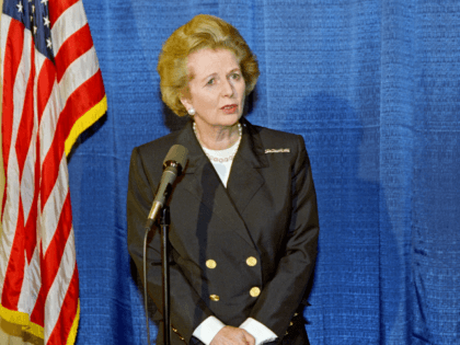 Former British Prime Minister Margaret Thatcher delivers a press conference in Beverly Hill, on February 07, 1991. (Photo credit should read HAL GARB/AFP/Getty Images)
