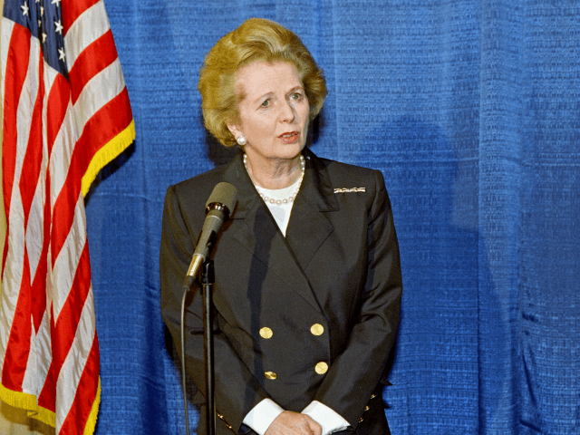 Former British Prime Minister Margaret Thatcher delivers a press conference in Beverly Hil