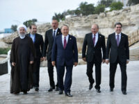 presidents-caspian-sea-region-countries-8-12-18-AP Russian President Vladimir Putin, second from right, Kazakhstan President Nursultan Nazarbayev, center, Turkmenistan President Gurbanguly Berdimuhamedow, right, President of Azerbaijan Ilham Aliyev, third from left, and Iranian President Hassan Rouhani, left, walk during the 5th Caspian summit at the Friendship Palace in Aktau, the Caspian Sea port in Kazakhstan, Sunday, …