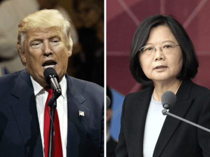 FILE - This combination of two photos shows U.S. President-elect Donald Trump, left, speaking during a "USA Thank You" tour event in Cincinatti Thursday, Dec. 1, 2016, and Taiwan's President Tsai Ing-wen, delivering a speech during National Day celebrations in Taipei, Taiwan, Monday, Oct. 10, 2016. An official Chinese newspaper …