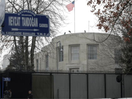 The sign of Nevzat Tandogan Street where the U.S. Embassy is located in Ankara, Turkey, Thursday, Feb. 15, 2018, hours before US Secretary of State Rex Tillerson starts trip to Turkey amid growing tensions between the two NATO allies. Ankara's Mayor Mustafa Tuna has announced Monday plans to change Nevzat …