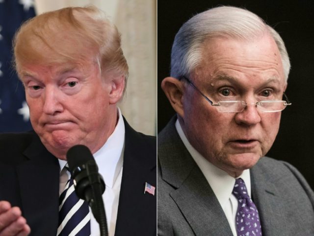 US President Donald Trump (L) calls on Attorney General Jeff Sessions (R) to stop the prob