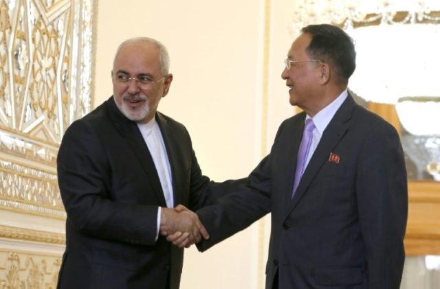 Iran's Foreign Minister Mohammad Javad Zarif (L) welcomes North Korean counterpart Ri Yong Ho in Tehran on August 7, 2018 North Korea foreign minister visits Iran