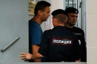 Russian opposition leader Alexei Navalny at the Danilovsky police station in Moscow after being detained on Saturday