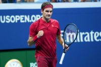 Roger Federer celebrates his first round win over Yoshihito Nishioka