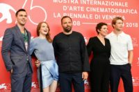 (From L) Actor Nicolas Hoult, actress Emma Stone, director Yorgos Lanthimos, actress Olivia Colman and actor Joe Alwyn attend a photocall for the film "The Favourite", which has taken the Venice film festival by storm