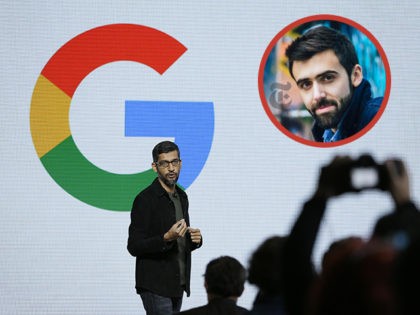 INSET: New York Times reporter Jack Nicas. Google CEO Sundar Pichai speaks during a product event, Tuesday, Oct. 4, 2016, in San Francisco. Google launched an aggressive challenge to Apple and Samsung, introducing its own new line of smartphones called Pixel, which are designed to showcase a digital helper the …