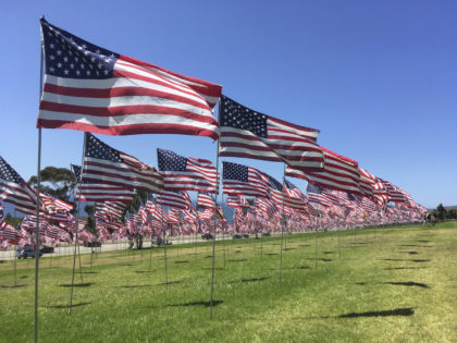 Thousands of flags representing each of the 9/11 terrorist attack victims wave on lawn overlooking the Pacific at Pepperdine University in Malibu, Calif., on Sunday, Sept. 8, 2019. The display is now an annual tradition. (AP Photo/John Antczak)