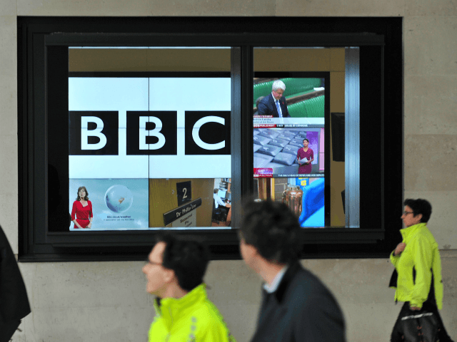 A BBC logo is pictured on a television screen inside the BBC's New Broadcasting House offi