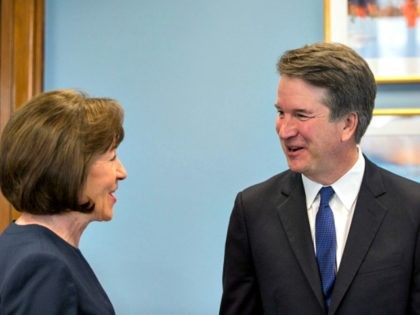 WASHINGTON, DC - AUGUST 21: Supreme Court Nominee Brett Kavanaugh meets with Sen. Susan Collins (R-ME) in her office on Capitol Hill on August 21, 2018 in Washington, DC. The confirmation hearing for Judge Kavanaugh is set to begin September 4.
