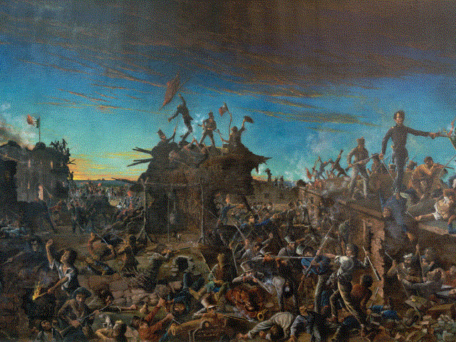 Dawn at the Alamo, a painting that hangs in the Texas Capitol, depicts the artist's rendit