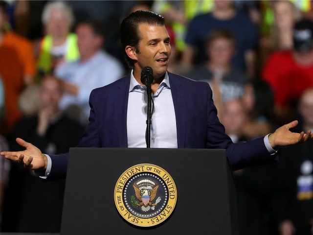 Donald Trump Jr. speaks during a campaign rally at Four Seasons Arena on July 5, 2018 in Great Falls, Montana. President Trump held a campaign style 'Make America Great Again' rally in Great Falls, Montana with thousands in attendance. (Photo by Justin Sullivan/Getty Images)
