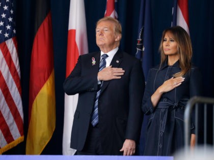 President Donald Trump and first lady Melania Trump participate in the September 11th Flight 93 Memorial Service, Tuesday, Sept. 11, 2018, in Shanksville, Pa. (AP Photo/Evan Vucci)