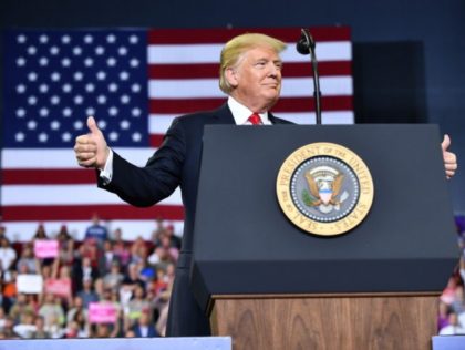 US President Donald Trump speaks during a campaign rally at Ford Center in Evansville, Indiana on August 30, 2018. (Photo by MANDEL NGAN / AFP) (Photo credit should read MANDEL NGAN/AFP/Getty Images)