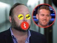 INSET: BuzzFeed's Charlie Warzel. WASHINGTON, DC - SEPTEMBER 5: Alex Jones of InfoWars talks to reporters outside a Senate Intelligence Committee hearing concerning foreign influence operations' use of social media platforms, on Capitol Hill, September 5, 2018 in Washington, DC. Twitter CEO Jack Dorsey and Facebook chief operating officer Sheryl …