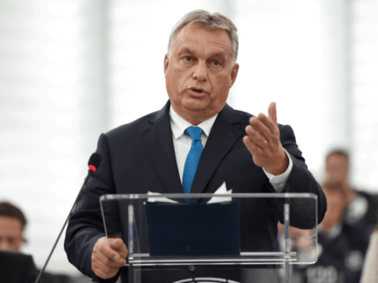 Hungary's Prime Minister Viktor Orban gestures as he delivers a speech during a debate concerning Hungary's situation as part of a plenary session at the European Parliament on September 11, 2018 in Strasbourg, eastern France. - Hungarian Prime Minister Viktor Orban vowed, on September 11, 2018, to defy EU pressure …