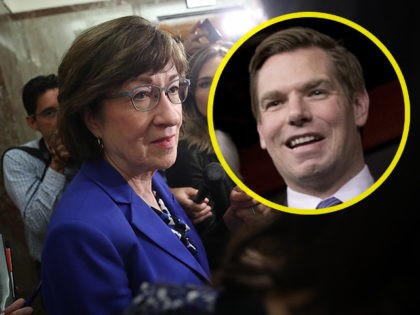 INSET: Rep. Eric Swalwell (D-CA). WASHINGTON, DC - SEPTEMBER 17: Sen. Susan Collins (R-ME)