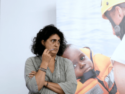 Claudia Lodesani, President of Doctors Without Borders Italy (MSF), NGO running with SOS Mediterranee, the Aquarius rescue ship, looks on as she gives a press conference in Rome, on September 27, 2018. - Humanitarian groups SOS Mediterranee and Doctors Without Borders met the press to brief on the status of …