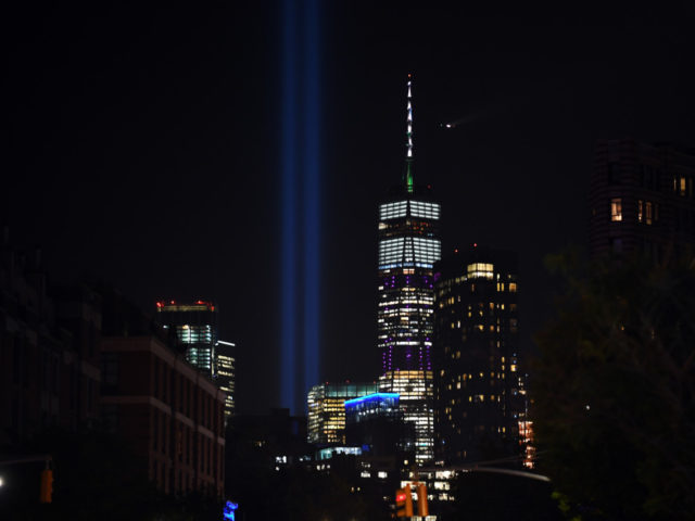 The Tribute in Light, lit to commemorate the 18th anniversary of September 11, 2001 attack