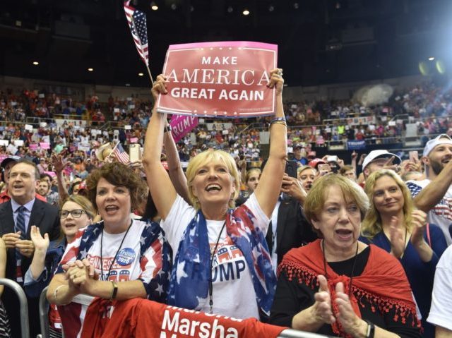 TOPSHOT - Supporters cheer as US President Donald Trump addresses a rally at the Nashville Municipal Auditorium in Nashville, Tennessee, May 29, 2018 (Photo by Nicholas Kamm / AFP) (Photo credit should read NICHOLAS KAMM/AFP/Getty Images)