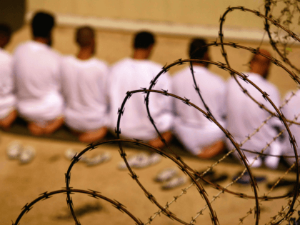 GUANTANAMO BAY, CUBA - OCTOBER 28: (EDITORS NOTE: Image has been reviewed by U.S. Military prior to transmission) A group of detainees kneels during an early morning Islamic prayer in their camp at the U.S. military prison for 'enemy combatants' on October 28, 2009 in Guantanamo Bay, Cuba. Although U.S. …