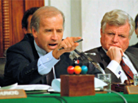 Joe Biden, Clarence Thomas Hearings In this Oct. 12, 1991, file photo, then-Senate Judiciary Committee Chairman Sen. Joe Biden, D-Del., points angrily at Clarence Thomas during comments at the end of hearings on Thomas' nomination to the Supreme Court on Capitol Hill. Sen. Edward Kennedy, D-Mass., watches at right.