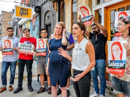 ULIA SALAZAR CAMPAIGN OFFICES, BROOKLYN, NY, UNITED STATES - 2018/08/06: (R) Julia Salazar, candidate for NYS Senate, and (L) Zephyr Teachout, candidate for NYS Attorney General, held together a press conference to endorse one another in Salazars Bushwick neighborhood. Salazar is the insurgent candidate challenging 16-year incumbent Martin Dilan for …