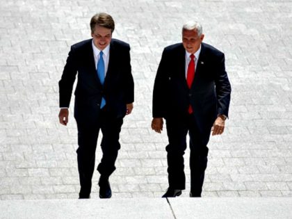 WASHINGTON, DC - JULY 10: U.S. Vice President Mike Pence, right, and Supreme Court nominee Brett Kavanaugh arrive at the U.S. Capitol on July 10, 2018 in Washington, DC. U.S. President Donald Trump nominated Kavanaugh to succeed retiring Supreme Court Associate Justice Anthony Kennedy.