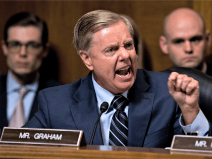 Sen. Lindsey Graham, R-S.C., points as Democrats as he defends Supreme Court nominee Brett Kavanaugh at the Senate Judiciary Committee on Capitol Hill in Washington, Thursday, Sept. 27, 2018.