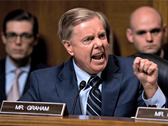 Sen. Lindsey Graham, R-S.C., points as Democrats as he defends Supreme Court nominee Brett