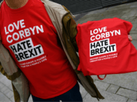 Love Corbyn Hate Brexit T-shirts promoting a pro-Corbyn, anti-Brexit stance is seen on sale outside the Labour Party Conference in Liverpool, north west England on September 23, 2018, the official opening day of the annual Labour Party Conference. - Britain's Labour Party kicks off its annual conference on Sunday hoping to prove it is …