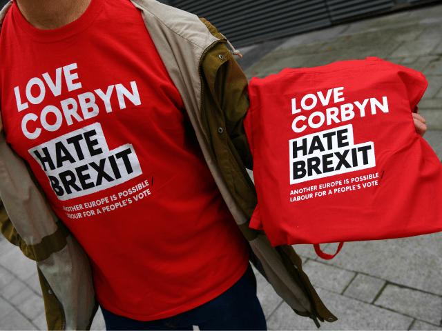 T-shirts promoting a pro-Corbyn, anti-Brexit stance is seen on sale outside the Labour Par