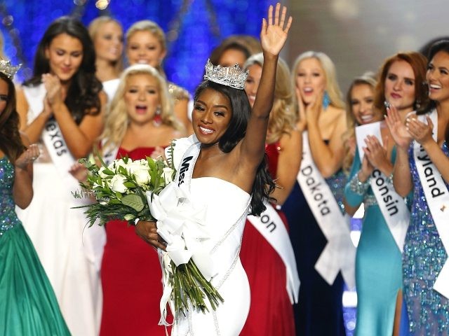Miss New York Nia Franklin reacts after being named Miss America 2019, Sunday, Sept. 9, 20