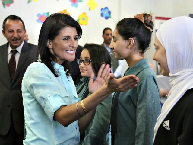 A picture taken on May 21, 2017 shows US Ambassador to the UN Nikki Haley (L) meeting with