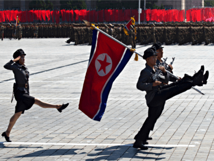 Soldiers march in a parade for the 70th anniversary of North Korea's founding day in Pyong