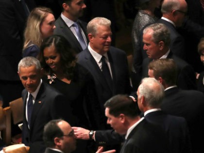 Former U.S. President Barack Obama, Michelle Obama, former U.S. Vice President Al Gore, and former U.S. President George W. Bush arrive for the funeral service for U.S. Sen. John McCain at the National Cathedral on September 1, 2018 in Washington, DC. The late senator died August 25 at the age …