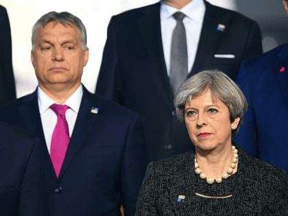 (L-R) US President Donald Trump, Hungarian Prime Minister Viktor Orban and British Prime Minister Theresa May, pose for a family picture during the NATO (North Atlantic Treaty Organization) summit at the NATO headquarters, in Brussels, on May 25, 2017. / AFP PHOTO / POOL / Stefan Rousseau (Photo credit should …