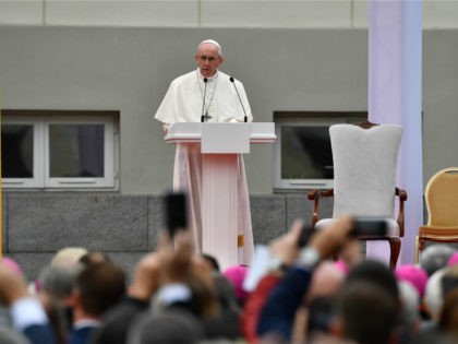 Pope Francis gives a speech at the Presidential Palace in Vilnius during a welcoming cerem