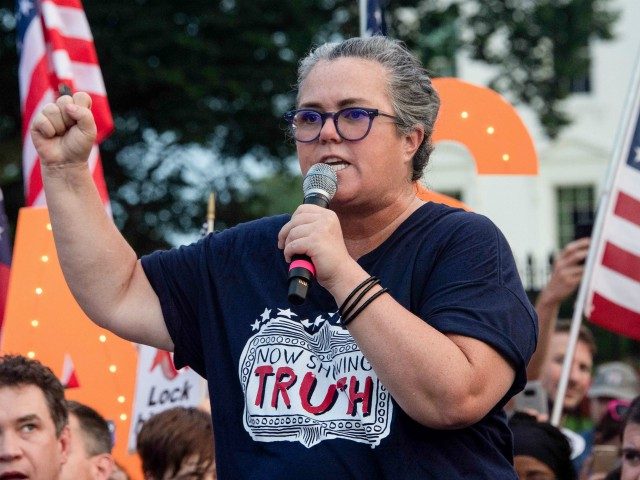 US comedian Rosie O'Donnell addresses a protest against US President Donald Trump in