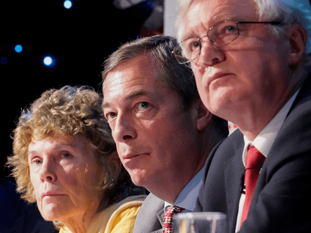 BOLTON, ENGLAND - SEPTEMBER 22: (L-R) Labour MP Kate Hoey, Nigel Farage, MEP and Vice Chairman of the pro-Brexit Leave Means Leave organisation and Conservative MP David Davis, the former Secretary of State for Exiting the European Union attend a Leave Means Leave rally held at the University of Bolton …