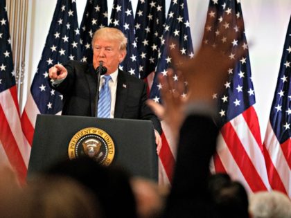 President Donald Trump speaks during a news conference at the Lotte New York Palace hotel