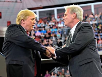 President Donald Trump, left, shakes hands with House Majority Leader Kevin McCarthy of Calif., right, during a rally at AMSOIL Arena in Duluth, Minn., Wednesday, June 20, 2018.