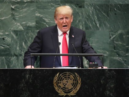 U.S. President Donald Trump addresses the United Nations General Assembly on September 25, 2018 in New York City. The United Nations General Assembly, or UNGA, is expected to attract 84 heads of state and 44 heads of government in New York City for a week of speeches, talks and high …