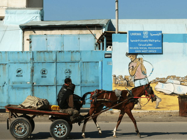 A Palestinian man rides his horse past the UNRWA relief …