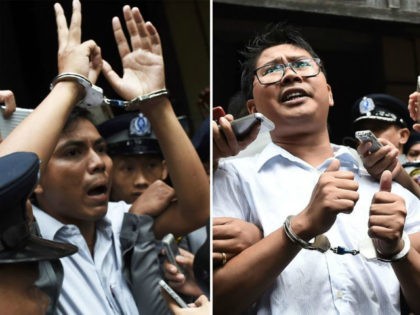 This combo shows journalists Kyaw Soe Oo (L) and Wa Lone (R) being escorted by police after their sentencing by a court to jail in Yangon on September 3, 2018. - Two Reuters journalists were jailed on September 3 for seven years for breaching Myanmar's official secrets act during their …