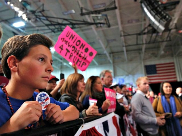 a “Union Women 4 Trump” sign at a campaign rally at Macomb Community College on October 31, 2016 in Warren, Michigan