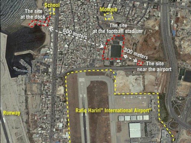 A satellite image released by the Israel Defense Forces showing three sites near Beirut's international airport that the army says are being used by Hezbollah to convert regular missiles into precision-guided munitions, on September 27, 2018. (Israel Defense Forces)