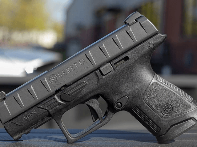 The Beretta APX Centurion is a compact, striker-fired pistol that locks into the hand via a grip with horizontal lines to and fro opposed by stippling along the sides.