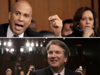 Above: Sens. Cory Booker (D-NJ) and Kamala Harris (D-CA). Below: Judge Brett Kavanaugh.